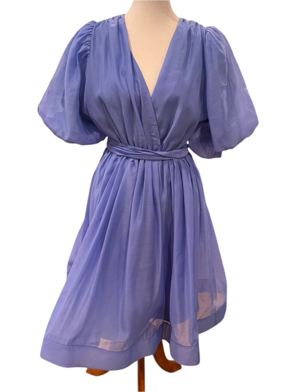 Blue Cotton Puff-Sleeve V-Neck Wrap Dress Sz L